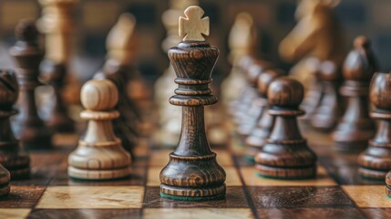 Fototapeta premium closeup of a king chess piece surrounded by other pieces on a chess board