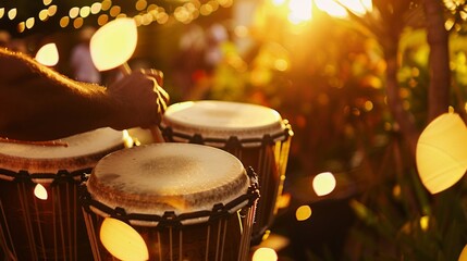 Fototapeta na wymiar Hands rhythmically playing bongos as the sun sets, creating a festive and musical atmosphere.