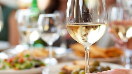 Close-up of a chilled glass of white wine in a social setting with a warm, blurred background.