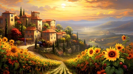 Panoramic view of the village with sunflowers at sunset