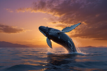 A humpback whale jumping the surface of water at sunset