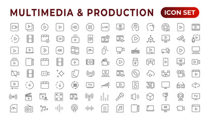 Multimedia & Production icon set. Cinema icon set. Movie sign collection. Set of cinema, movie, video icons, collection film, TV. Popcorn box package Big movie reel. Outline icon set collection.