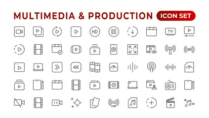 Multimedia & Production icon set. Cinema icon set. Movie sign collection. Set of cinema, movie, video icons, collection film, TV. Popcorn box package Big movie reel. Outline icon set collection.