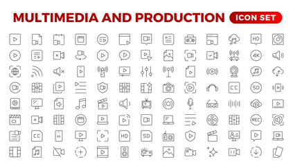 Multimedia & Production icon set. Cinema icon set. Movie sign collection. Set of cinema, movie, video icons, collection film, TV. Popcorn box package Big movie reel. Outline icon set collection.