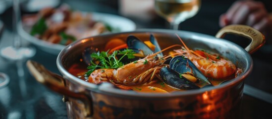 A traditional copper pot filled with a delicious homemade bouillabaisse, a flavorful seafood stew, topped with fresh parsley garnish. The rich and aromatic dish features an assortment of seafood