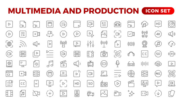 Multimedia & Production icon set. Cinema icon set. Movie sign collection. Set of cinema, movie, video icons, collection film, TV. Popcorn box package Big movie reel. Outline icon set collection.