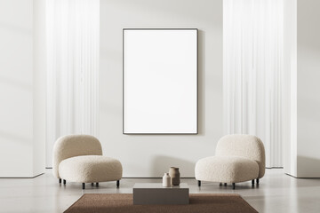 Nude living room interior with two armchairs and a coffee table. White blank poster on the wall. Modern and stylish design. Mock up. 3d rendering