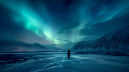Tourists are standing and watching the aurora borealis or northern lights at the North Pole.