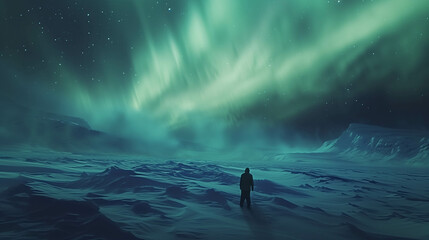 Tourists are standing and watching the aurora borealis or northern lights at the North Pole.