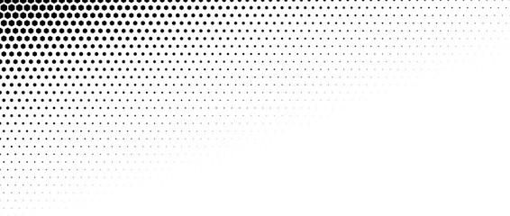 Hexagon corner halftone gradient texture. Abstract black grunge hex gradation background. Geometric retro tech wallpaper. Fading hexagonal pattern backdrop. Vector vanishing honeycomb grunge overlay - obrazy, fototapety, plakaty