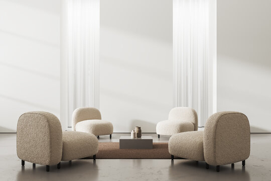 Stylish and modern meeting room interior in nude shades. Four beige armchairs and a coffee table. 3d rendering