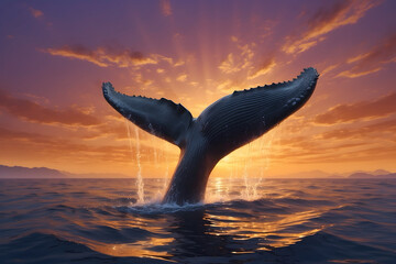 A humpback whale’s tail breaking through the surface of water at sunset