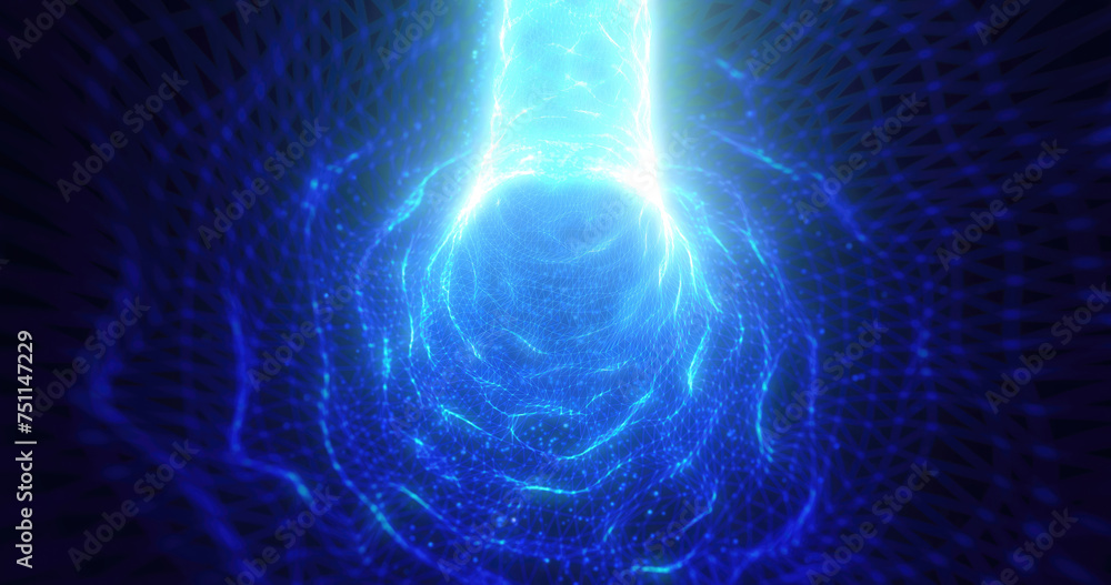 Poster blue energy tunnel frame made of futuristic particles and lines of energy force field. abstract back