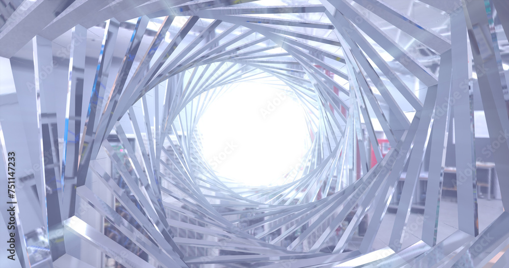 Poster abstract metallic shiny silver chrome polyhedral tunnel frame made of lines of hexagonal edges, mech