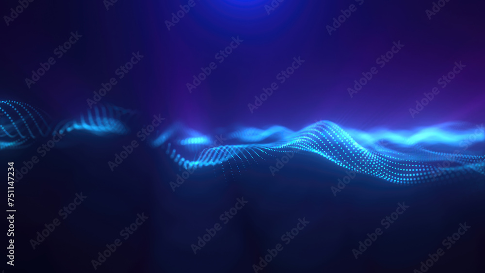 Poster Blue energy magic waves high tech digital iridescent morphing with light rays lines and energy particles. Abstract background