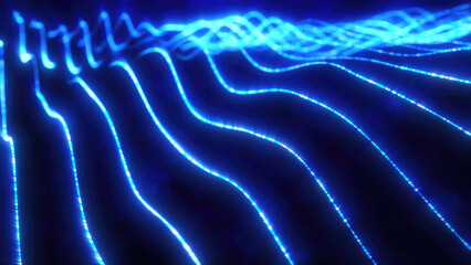 Blue energy glowing magic stripes waves lines high technology digital with light beams from energy particles. Abstract background