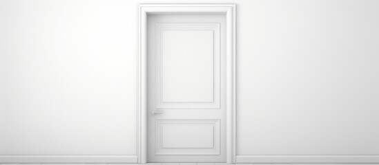 In the room, there is a simple wooden chair placed in the center. A closed door stands against a plain white background, giving a sense of emptiness and minimalism.