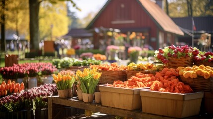 Farmer's market with stalls of Vegetables, Fruits and colorful Tulips on a sunny day. - obrazy, fototapety, plakaty