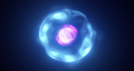 Abstract blue purple energy glowing digital sphere atom made of iridescent energy from moving electric plasma liquid on black background