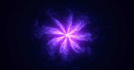 Abstract glowing purple futuristic energy dust with waves of magical energy particles on a dark blue background