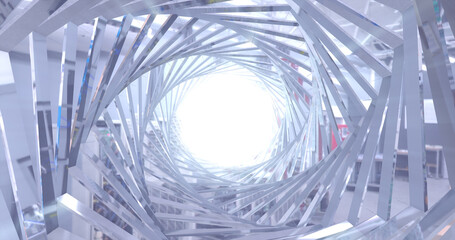 Abstract metallic shiny silver chrome polyhedral tunnel frame made of lines of hexagonal edges, mechanical high-tech tunnel futuristic, abstract background