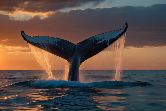 A humpback whale’s tail breaking through the surface of water at sunset