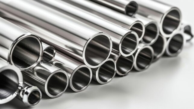 Multiple metal tubes with a reflective surface arranged neatly on a white background, showcasing industrial elegance.