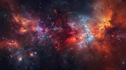 A stunning view of a colorful nebula, stars, and cosmic dust in a deep space scene. - obrazy, fototapety, plakaty