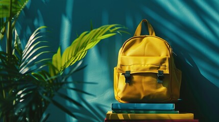 Yellow backpack on a colorful book stack with a palm leaf shadow pattern on a blue wall, suggesting a tropical student vibe.