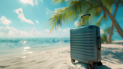 A modern silver suitcase standing alone on a sandy beach with tropical palm trees and a clear blue sky in the background.