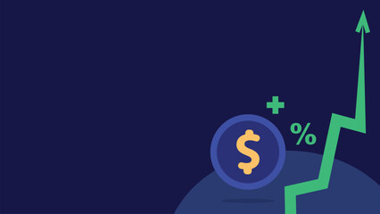 Financial rise concept vector banner design with money icon, green colored increase  arrow icon, dollar sign coin icon on a dark blue background. Finance gain.
