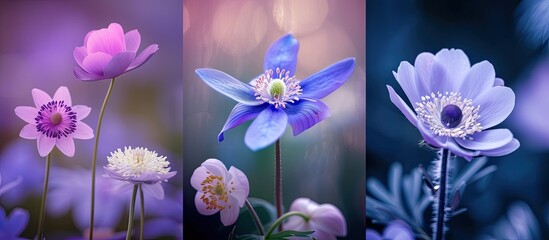 Three striking images showcasing different flowers blooming in the spring. The captivating Windflower, enchanting Anemone, and majestic Nemorosa are depicted in a harmonious dance of colors and shapes
