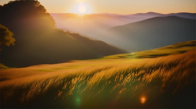 Mountain Sunset and Sunrise: A picturesque landscape featuring vibrant orange skies as the sun sets and rises over majestic mountains, enveloped in mist and dotted with green fields and forests