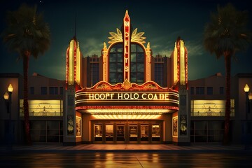 Classic Hollywood Movie Theater: A vintage movie theater with marquee lights and classic movie posters, evoking the glamour of Hollywood.

