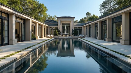 Captivating reflection of opulence in a tranquil pool framed by modern architecture and featuring a water fountain centerpiece