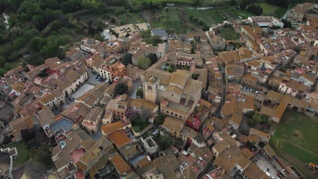 Aerial Overhead View Over The City Of Peralada In Girona Costa Brava. Orbit Motion