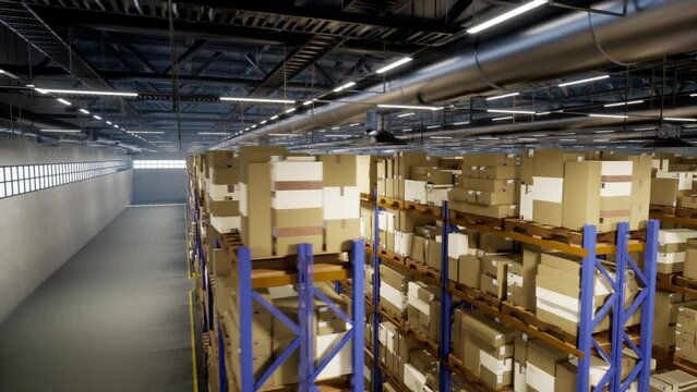 Logistics facility containing merchandise for distribution procedures, supplies in route labeled with tags via air waybill information. Storage facility manages shipping process. 3D render animation.
