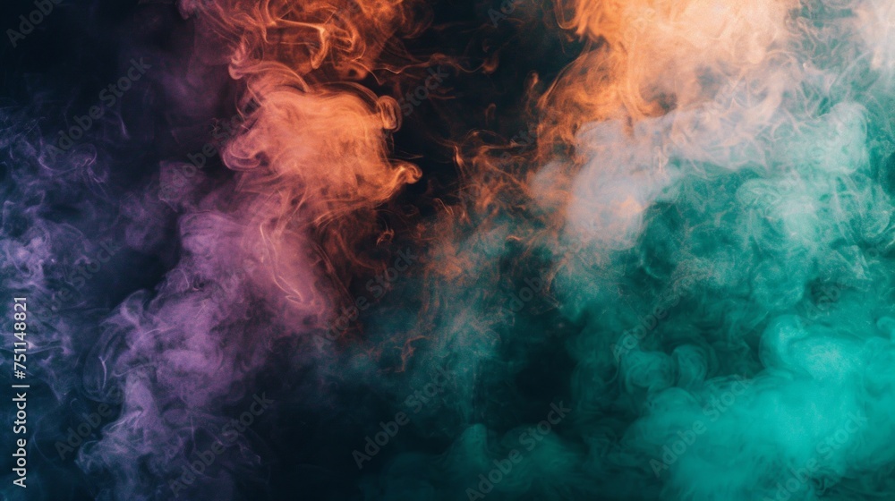 Poster vivid abstract smoke patterns with a mixture of colors against a dark backdrop, resembling fluid dyn