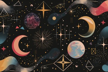 Geometric shapes infused with celestial elements like stars and moons, blending cosmic and earthly realms 