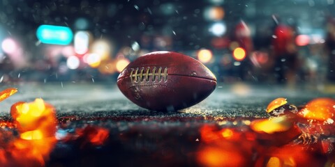 An American football lies on a wet, reflective street under the city lights, capturing a dramatic sports atmosphere.