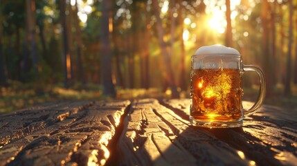 A refreshing beer mug on a rustic wooden table, bathed in the warm light of a forest sunset.