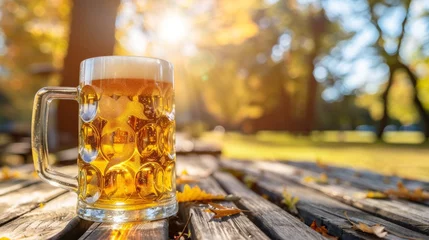 Foto auf Acrylglas Golden beer in a mug on an outdoor wooden table with autumn leaves, illuminated by sunlight. © tashechka
