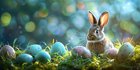 Fototapeta na wymiar Festive Easter decorations with colorful eggs and an adorable rabbit on lush green grass. Celebrate Easter with joy and happiness!