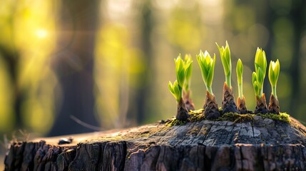 plant buds sprouting from and old dried tree stump, hope for life concept, abstract background
