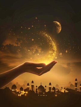 Islamic theme background for Eid al-Fitr and Ramadan, depicting the act of donating zakat or sadaqah to those in need.