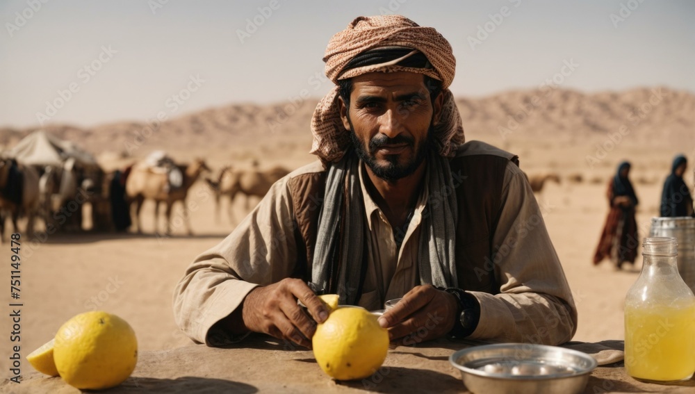 Poster a man in a turban sitting at a table with lemons. generative ai.