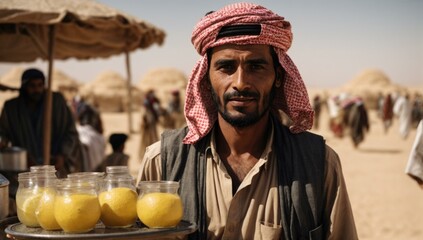 A man in a turban holding a tray of lemonade. Generative AI. - obrazy, fototapety, plakaty