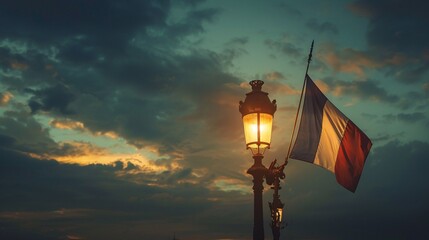 French flag displayed on a street lamp for Bastille Day.