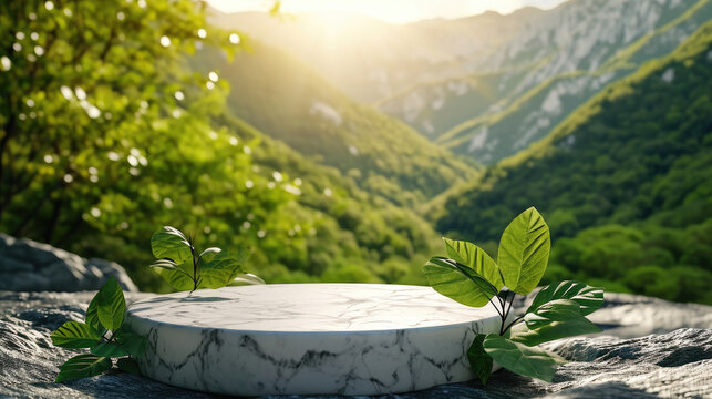Sunlight bright Marble podium natural on Green Garden landscape morning mountain Serenity