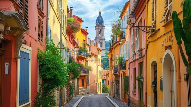 Fototapeta Charming and vibrant street design and church scenery tourist spot in the French Riviera region of France.